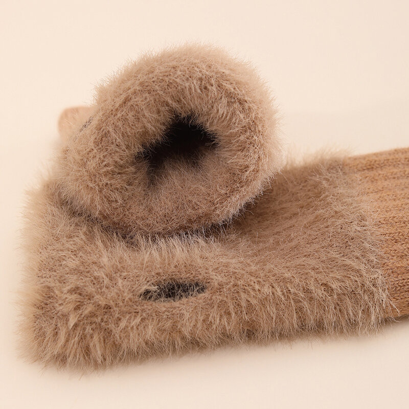1pair Women Winter Keep Warm Plush Gloves Elasticity Soft Half Fingers Mittens Imitation Mink Fur Knitted Girls Fashion Gloves