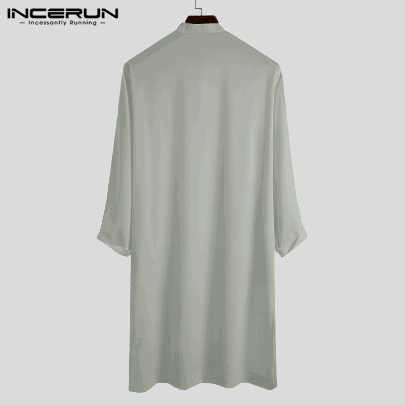INCERUN-Camisa muçulmana de manga comprida com gola em pé, streetwear de cor sólida, camisas casuais, roupas masculinas, islâmica, árabe, kaftan, 5XL