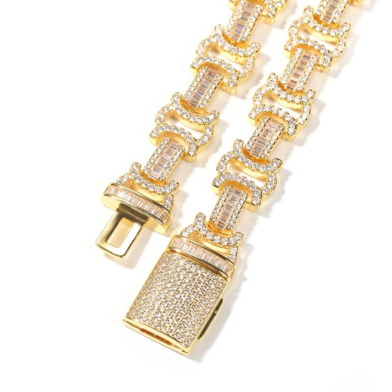 Uwin 12mm Byzantine Chain CZ Fully Iced Out Link Baguetter Pave Setting Necklace Jewelry Accessories