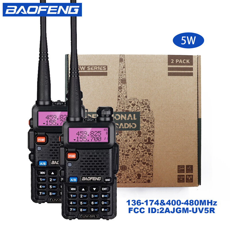 BAOFENG-Walkie Talkies portáteis de longo alcance para caça, rádio bidirecional, alta potência, banda dupla, UV-5R, 5W, portátil, 2pcs