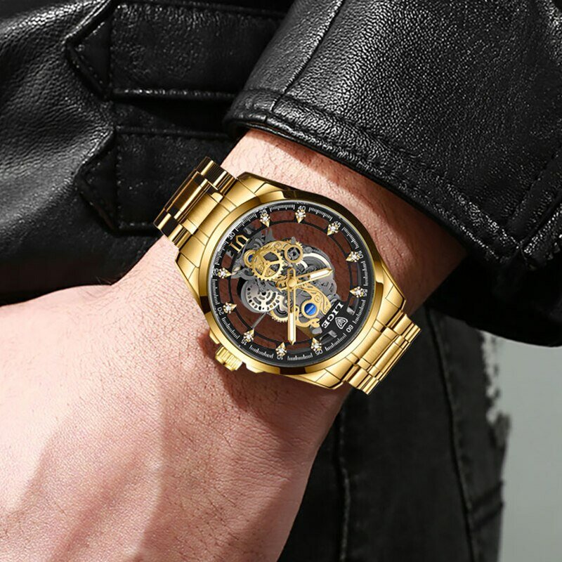 Часы наручные LIGE Мужские кварцевые, брендовые Роскошные в ретро стиле, с золотым скелетом