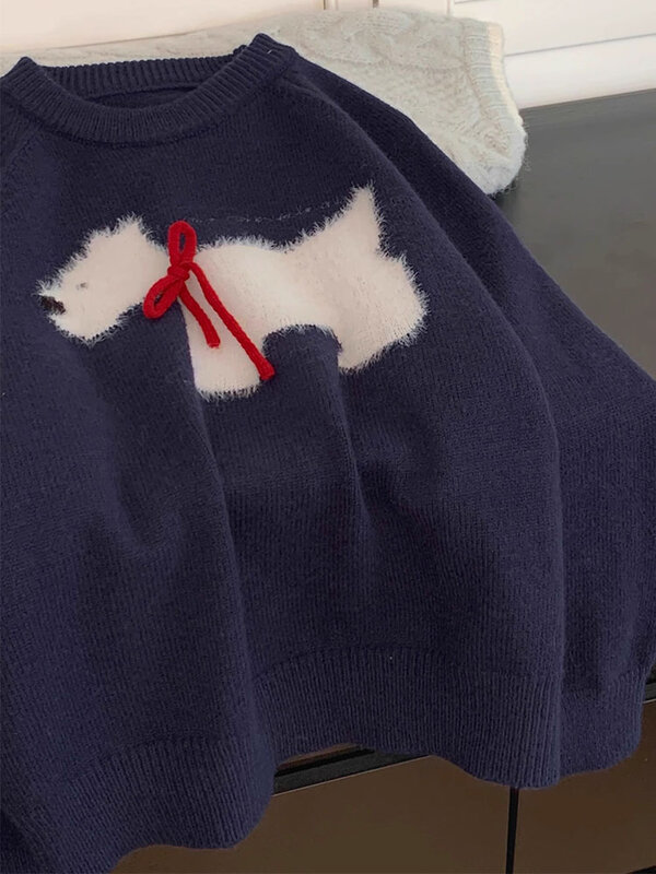 Animal de desenho simples suéter de malha manga comprida jumper com o pescoço elegante pulôveres de arco, moda vintage, streetwear Y2K, outono inverno