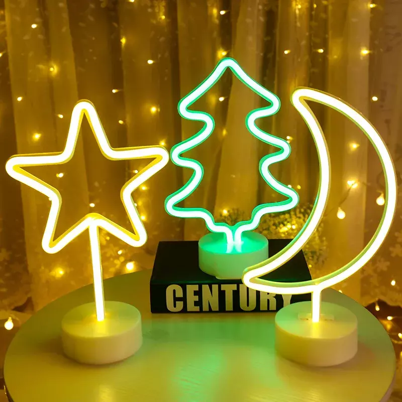 Lámpara de señal de luz de neón con luz de luna y Estrella, luces nocturnas LED USB, para el hogar Decoración, regalos de fiesta de boda, lámpara de neón con Base