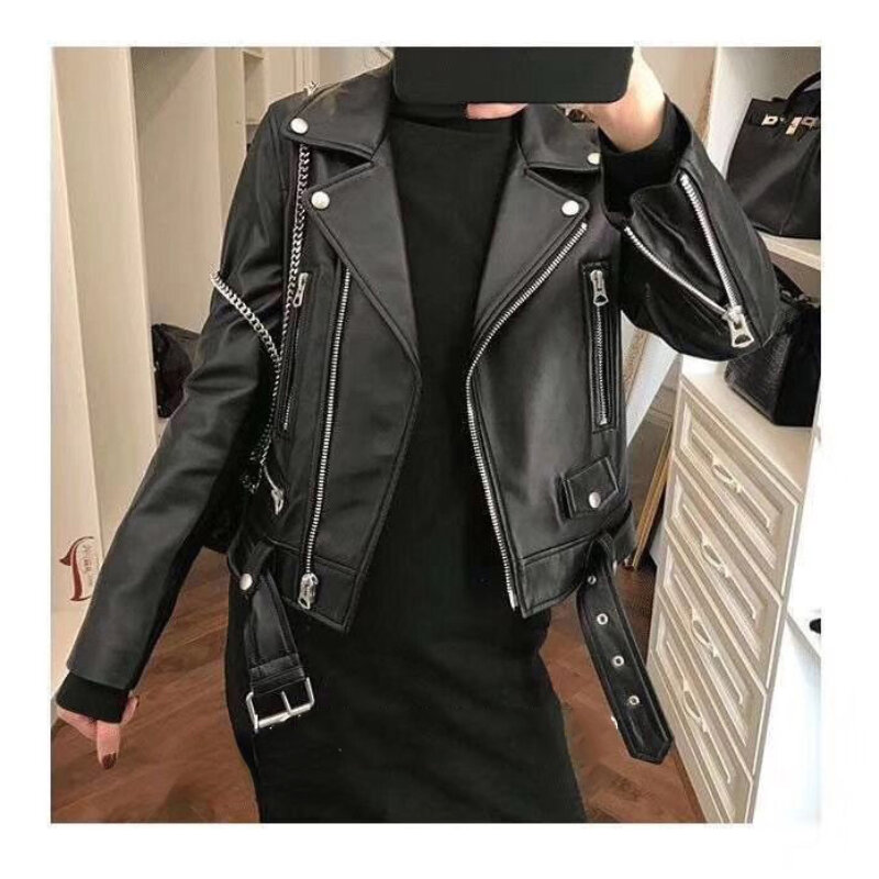Tcyeek-정품 양피 가죽 오토바이 자켓 여성용, 블랙 슬림 짧은 코트 봄 가을