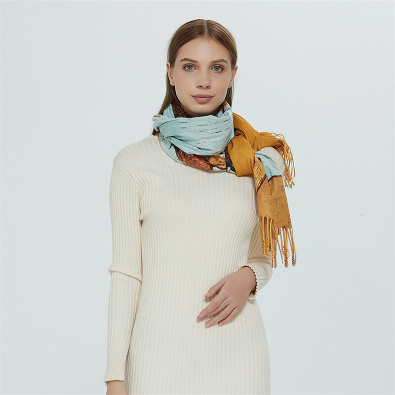 女性のためのレトロなオイルペインティングスカーフ,女性のためのカシミヤスカーフ,大の毛布,柔らかくて暖かいショール,秋と冬