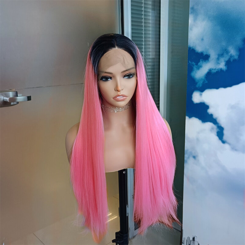 Diniwigs-peluca sintética larga y sedosa, pelo liso con encaje frontal, raíces oscuras, color rosa degradado, sin pegamento, fibra de calor, Cosplay