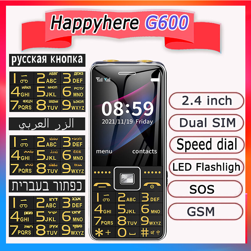 Happyhere g600 gsm telefone móvel 2.4 "tela dupla sim mp3 redcorder sos discagem de velocidade led lanterna teclado russo telefone móvel