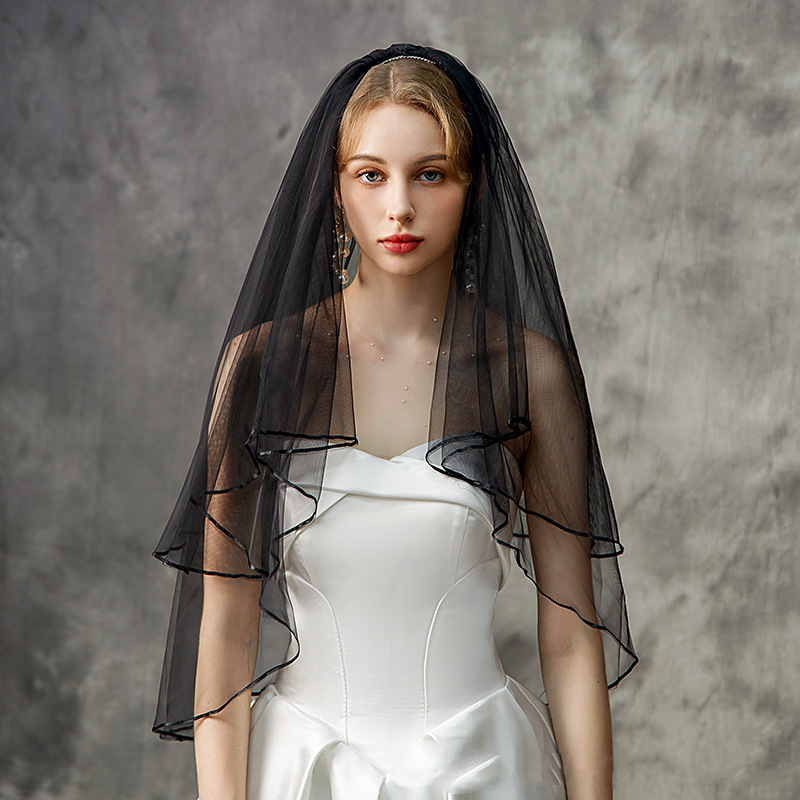 الحجاب الزفاف قصيرة مع حافة الشريط ، طبقتين ، الحجاب الزفاف مع مشط ، أسود عاجي ، تول أبيض ، اكسسوارات الزواج