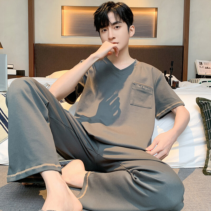 Korean Fashion Nightwear for Men Cotton Sleepwear Summer Breathable Pijamas 2pcs/set Home Clothing Short Sleeping Top Pant