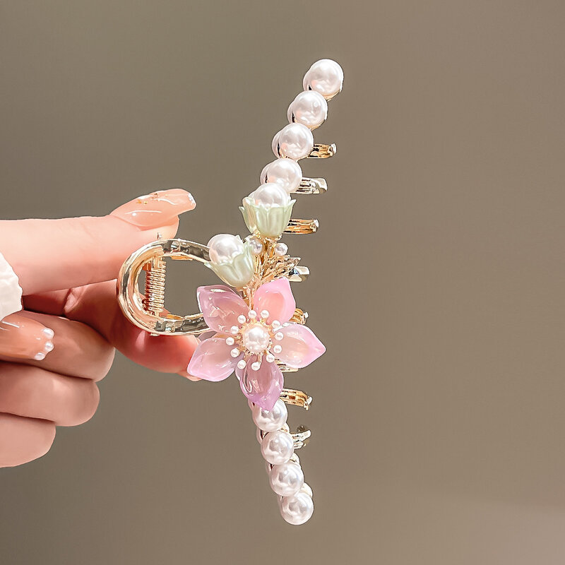 2024 koreańska moda różowy kwiat peruka perłowa klamra dla kobiet dziewcząt eleganckie duże metalowe uchwyty do włosów kucyk