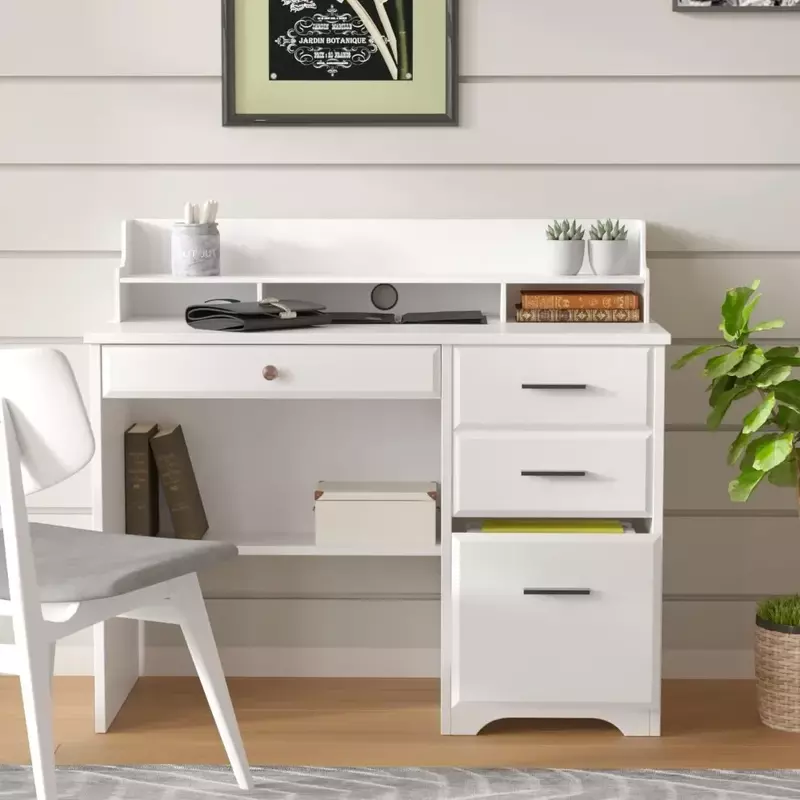 Escritorio con cajones y almacenamiento, escritorio de oficina en casa, mesa de ordenador con 4 cajones, mesa blanca pequeña con cajones