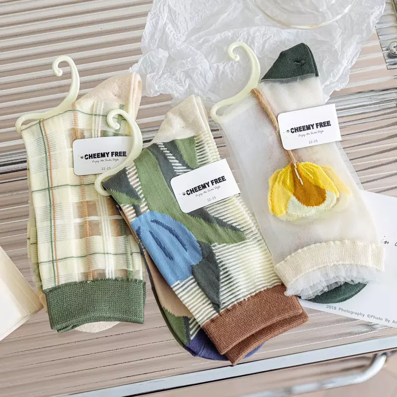 JK-Chaussettes Transparentes en Coton pour Fille, Ultra-Minces, Décontractées, à la Mode, Peinture de Fleurs, Dentelle, Mi-Mollet, Verre