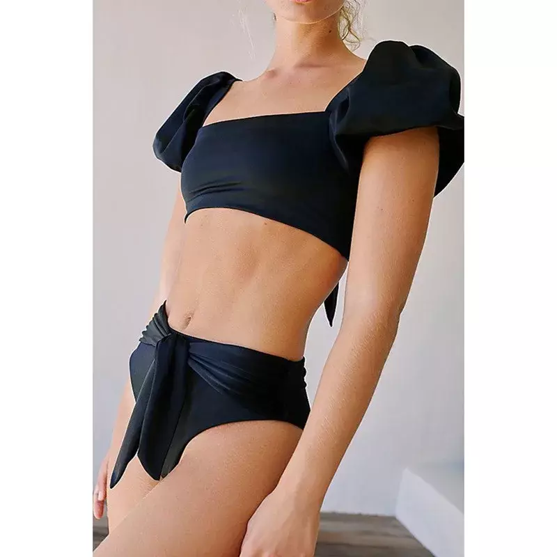 Bikini 2024 pakaian renang wanita seksi warna Solid punggung terbuka lengan Puff baju renang terpisah pakaian pantai musim panas feminin hitam pakaian renang wanita