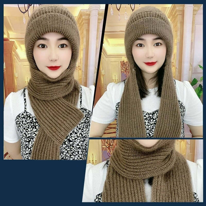 Fashion Women's Hat And Scarf Winter Warm Knitting Squirrel Velvet Snow Cap Plush Ear ProtectionOne-Piece Knitted Scarf Hat 2023