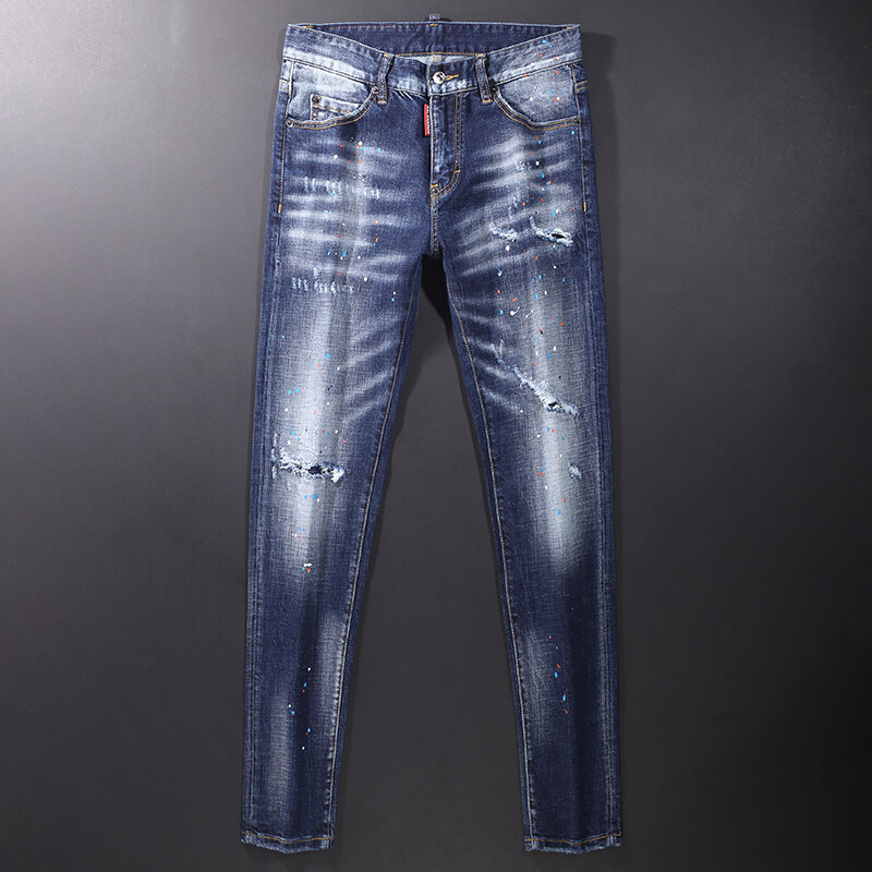 Streetwear moda masculina calças de brim retro azul elástico fino ajuste rasgado jeans homem pintado designer marca hip hop calças de brim hombre