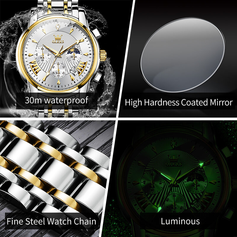 OLEVS Marca de luxo Quartz Watch para Homens Waterpoof Chronograph Relógio de pulso masculino Auto Data Dual Calendário Moon Phase Man Watch Novo