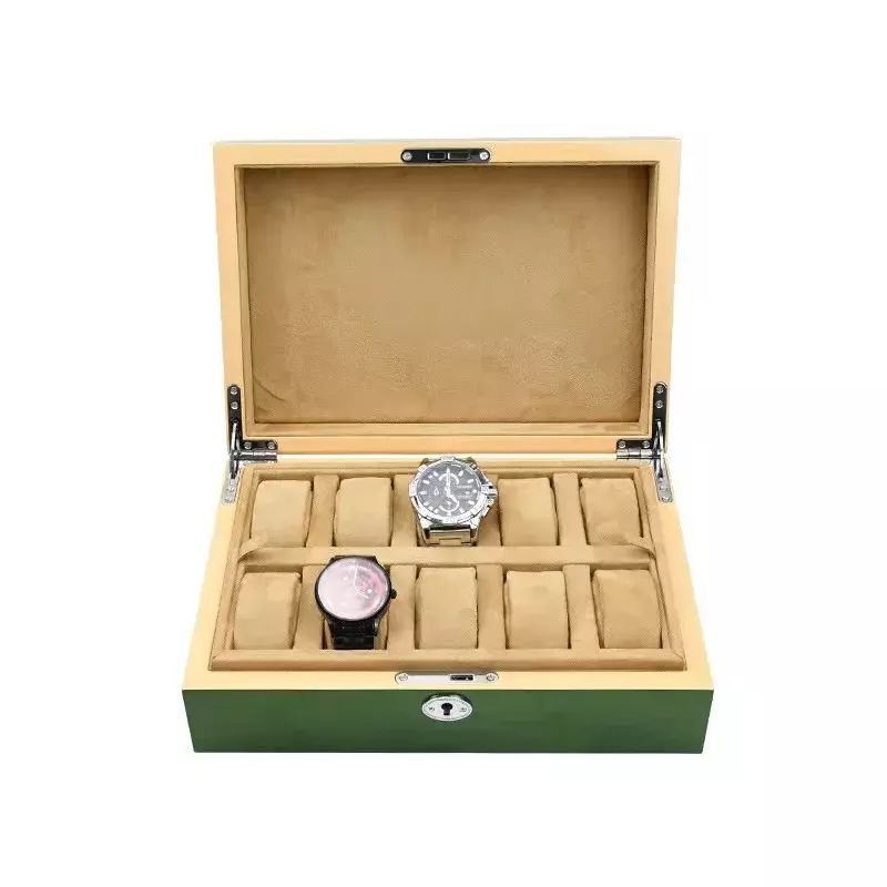 Grosir kotak jam tangan kapasitas besar kotak penyimpanan jam tangan GMT kayu hijau kualitas tinggi properti tampilan kotak hadiah