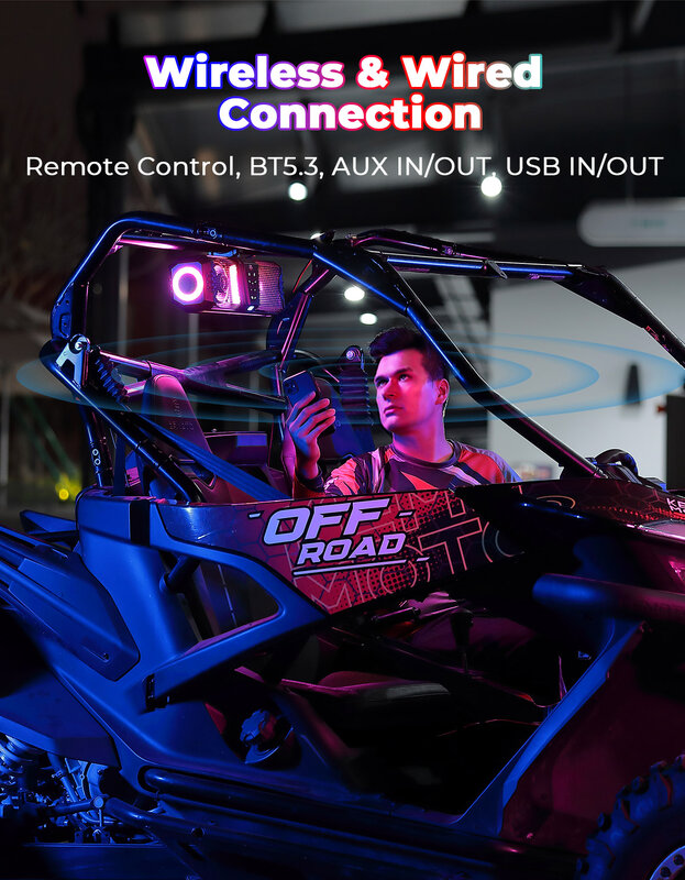 KEMiMOTO Midnight Sound Bar RGB Light IP66 Waterproof APP Control Soundbar For Golf Cart UTV ATV fits 1"-2" Roll Bars