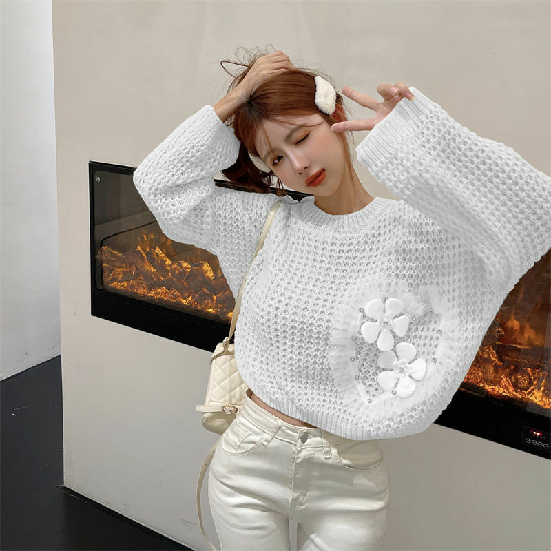 Suéter de manga larga para mujer, suéter coreano de cuello redondo, suelto, informal, sólido, combina con todo, top para mujer 2023