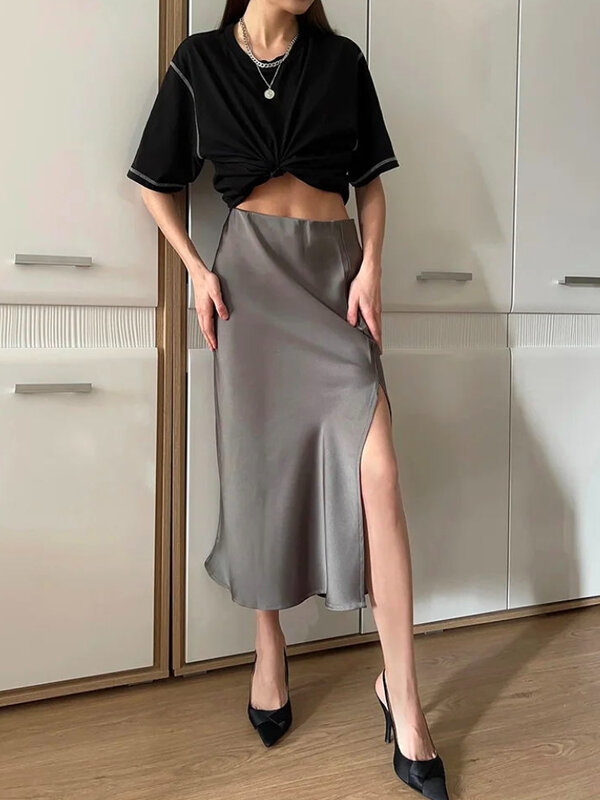 Hohe Taille geteilt langen Rock Mode schlanken grauen Acetat Satin Rock grundlegende vielseitige elastische Taille Röcke für Frauen Sommer 2024 neu