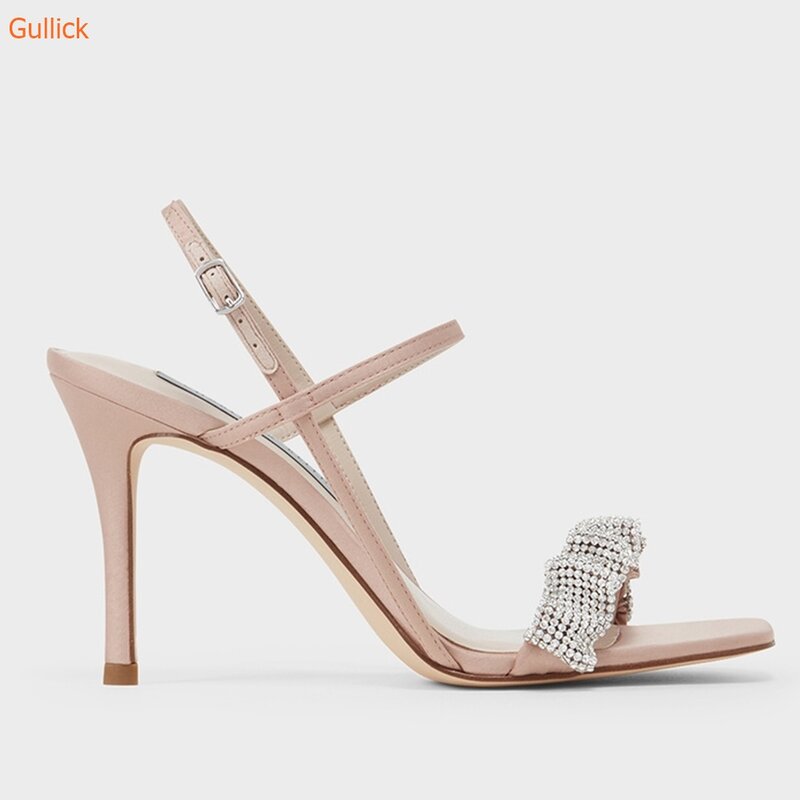 2024 Newest Bling Bling Crystal Women Sandals Pleated Pearl Square Toe Shoes Thin Heels Back Strap Slingback Summer Shoes