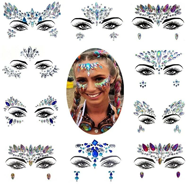 3D яркие наклейки на лицо для фестиваля, блестящие украшения для макияжа, наклейки на лицо, кристаллы, драгоценные камни, украшение бриллиантами