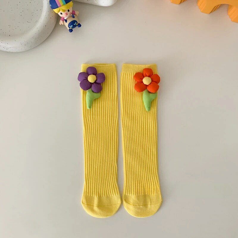 Детские носки с цветами, модные весенне-осенние носки средней длины для девочек, милые носки с трехмерными цветами для девочек