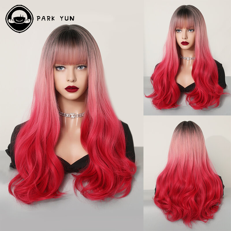 Peruca sintética encaracolada longa vermelha sereia com Franja para mulheres, perucas de cabelo natural, resistente ao calor, festa cosplay, lolita diária