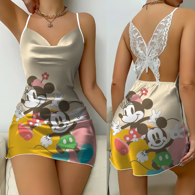 女性のためのディズニーミニーマウスのサテン面ミニドレス,背中の開いたドレス,ミッキーの弓,セクシーなパーティードレス,夏,2024