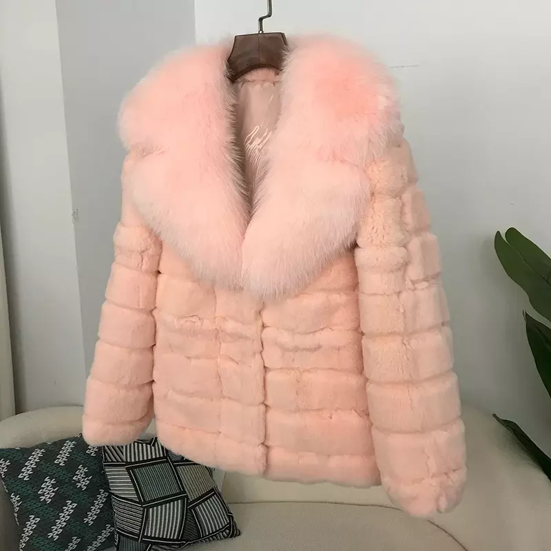 女性のキツネの毛皮の襟付きコート,冬のジャケット,自然な再ウサギの毛皮の服,厚いストリートウェア,暖かいファッション,新しい,2022