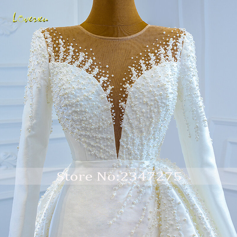 Женское атласное свадебное платье Loverxu, платье 2 в 1 с О-образным вырезом и длинным рукавом, расшитое бисером, со съемным шлейфом, 2024