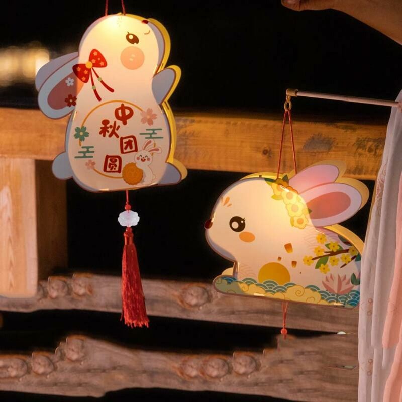 Lentera kelinci Jade, Festival Pertengahan Musim Gugur DIY, lentera DIY, bahan lampu cahaya, lentera kelinci portabel bentuk kelinci