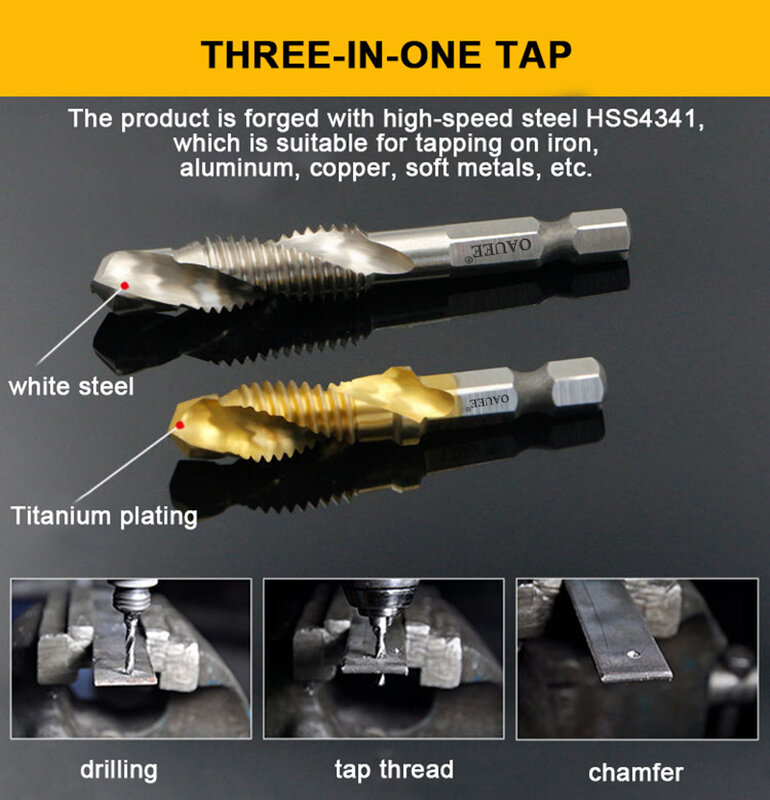 1/6PCS Titanium Plated Hex Shank HSS Screw Thread Metric Tap Drill Bits 3 In 1 Compound Bit M3 M4 M5 M6 M8 M10 Hand Tools