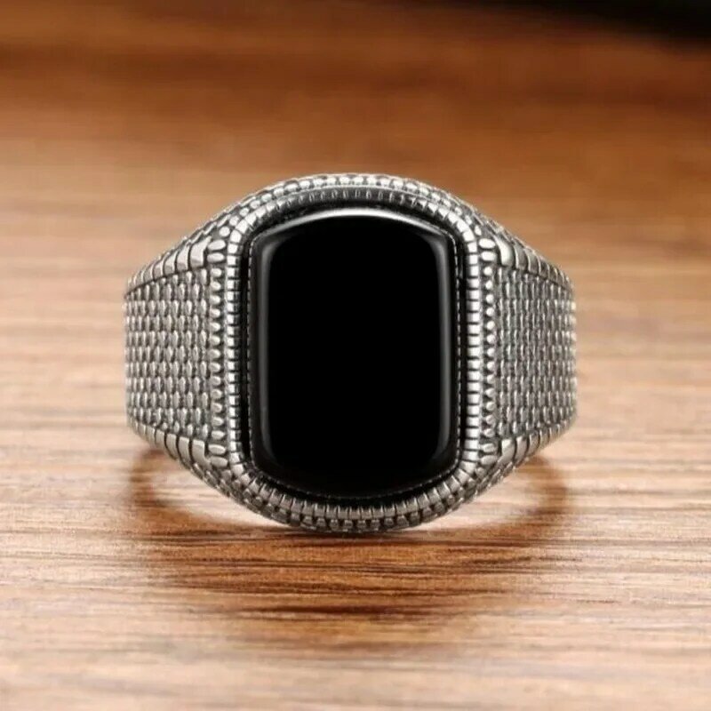New silver advanced creative geometric diamond inlaid black agate gemstone men's lady domineering exaggerated adjustable ring