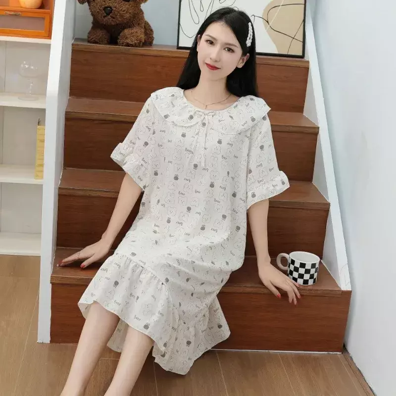 Casual Homewear Cloud Cotton Nightgowns Women Spring Summer Thin Short Sleeved Large Size Sleepshirts Ruffle Edge Dress Printed
