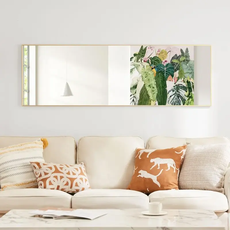 مرآة قائمة بطول كامل مع إطار رفيع من سبائك الألومنيوم ، أرضية معلقة أو ثابتة ، غرفة معيشة ذهبية لغرفة المعيشة ، 59 × 16 بوصة