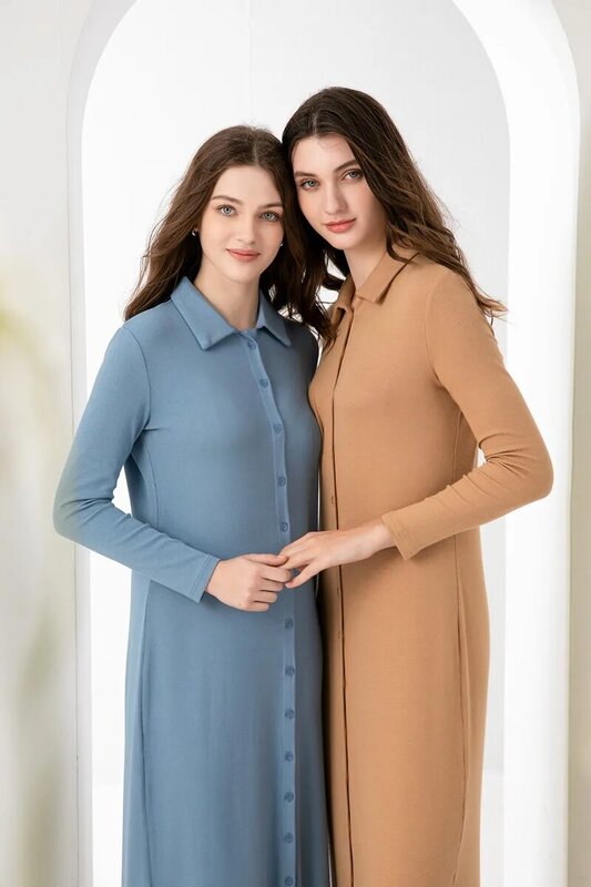 Als 2024 Frühling Sommer Maxi kleid Knopf Design Frau Kleidung voller Ärmel knöchel lange bequeme Rippen Kleidung