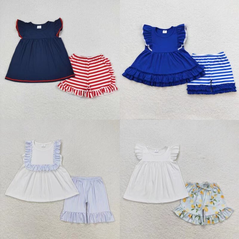 어린이 여름 반팔 코튼 튜닉 탑, 유아 세트, 어린이 줄무늬 프릴 반바지, 아기 소녀 복장 의류, 도매