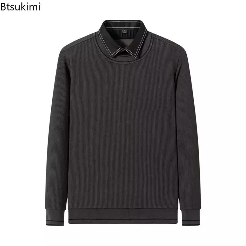 2024 Men's Winter Long Sleeve Sweatshirt Knited Pullovers Fashion The Trend Slim False Two-piece Bottoming Shirts Men's Clothing
