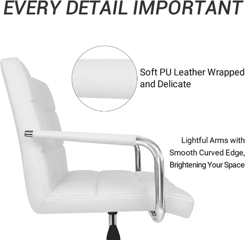 PU Leather Mid-Back Office Task Chair, Cadeira giratória com nervuras, Home Desk ajustável, Retro cadeira de trabalho confortável, giratória moderna, Grau giratório