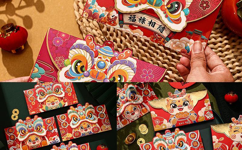 Enveloppe rouge de bande dessinée de festival de printemps de dragon, décor créatif de nouvel an, 4pcs
