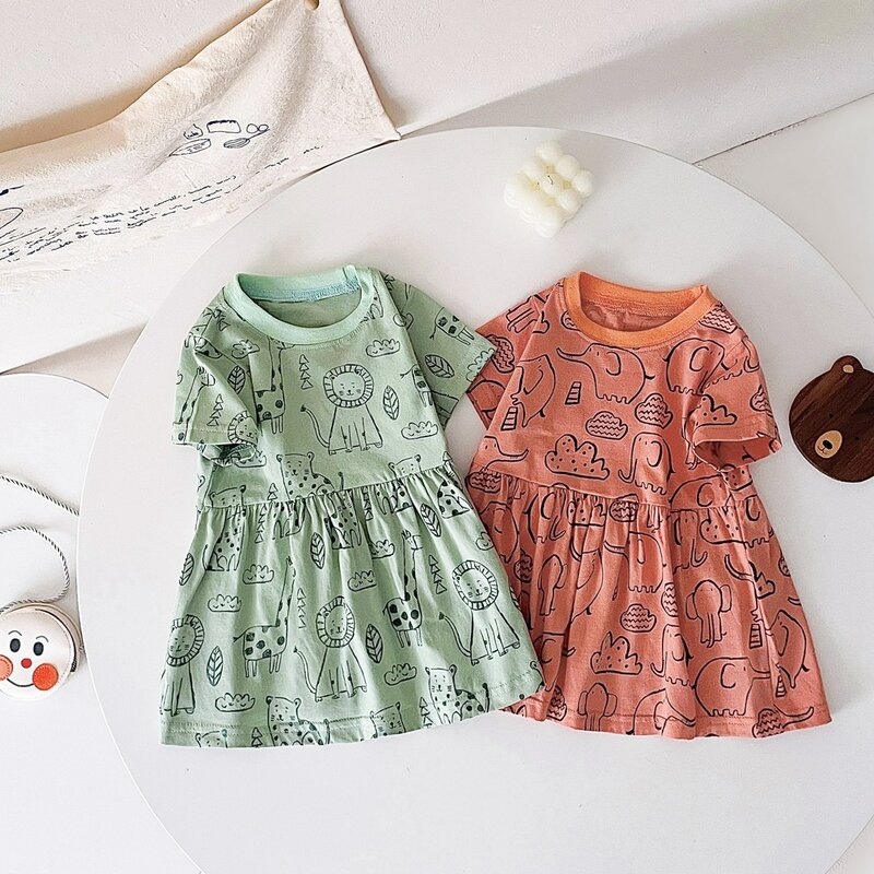 Sanlutoz Short Sleeve Summer Baby Dress Cute Pattern Casual Kids Girls Clothing Dress Cotton