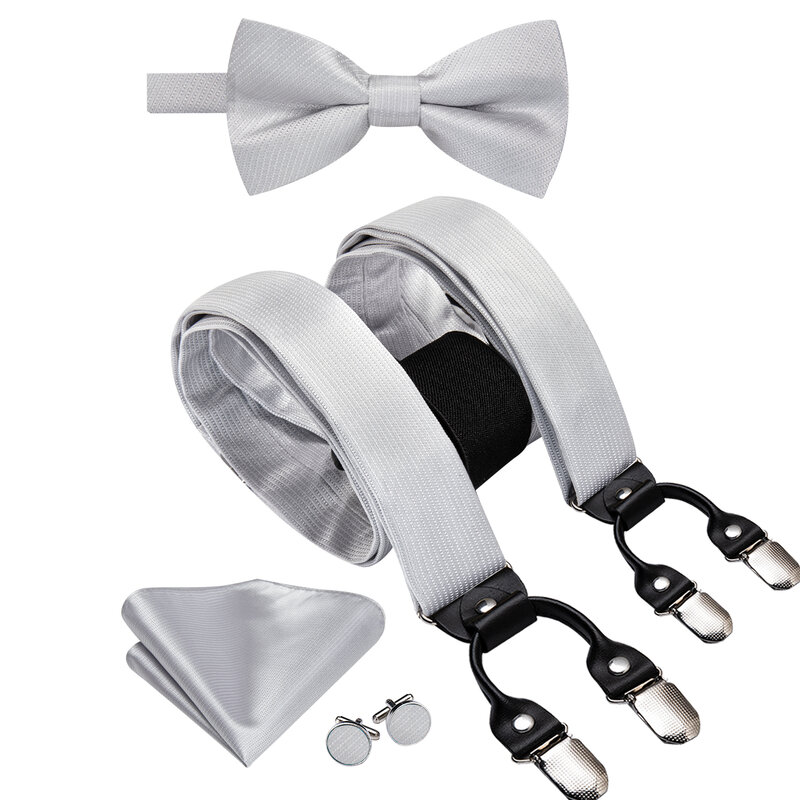 Hi-Tie สีทึบ silve ผ้าไหมสีเทาสายรัดหูกระต่ายผ้าเช็ดหน้ากระดุมข้อมือปรับได้สำหรับงานแต่งงานชายธุรกิจขายส่ง