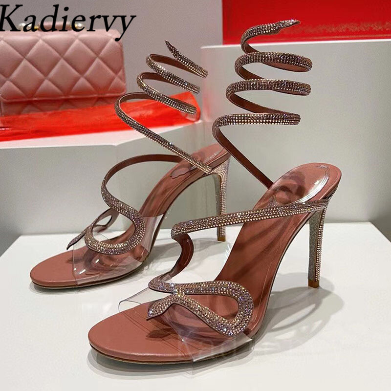 Sandal Gladiator hak tinggi musim panas sandal wanita pita ular berlian imitasi di sekitar tali pergelangan kaki sepatu pernikahan sandal jepit wanita sandal wanita