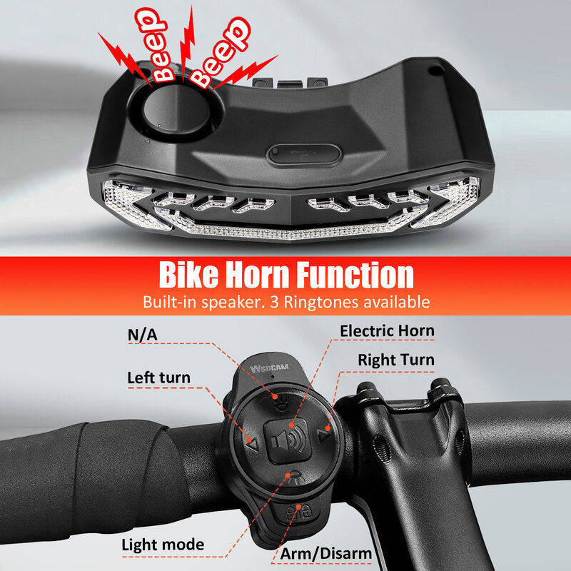 Awapow-alarma antirrobo para bicicleta, luz trasera LED impermeable con soporte de montaje, lámpara inteligente 5 en 1