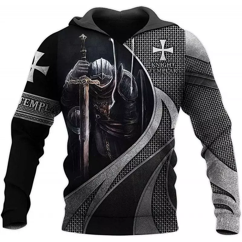 Templar Pattern Printed Hoodie Cool Style Sweatshirt Retro Printed Men's Hooded Long Sleeve XS-5XL New Style