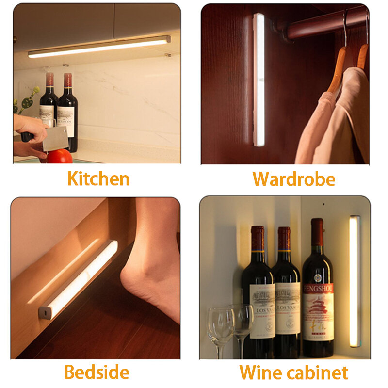 Sensor de movimento Luz noturna LED sem fio, Lâmpada recarregável tipo C, Lâmpada para armário, Retroiluminação de escada para cozinha