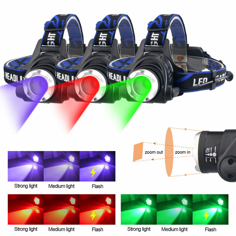 VASTFIRE-RGB LED Zoomable farol, farol para pesca, caça lanterna, verde, UV, ultravioleta cabeça tocha, vermelho, azul, branco, novo, 395NM