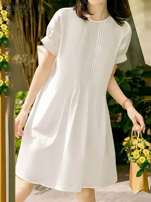 ZANZEA-Vestido vintage solto casual feminino, robe de manga curta, gola redonda, branco, coreano, feriado, renda, verão, 2024
