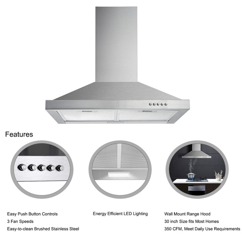 Tieasy 30 inch 450 CFM Wall Mount Permanent Filters Led Lights Range Hood for Kitchen USGD1775A